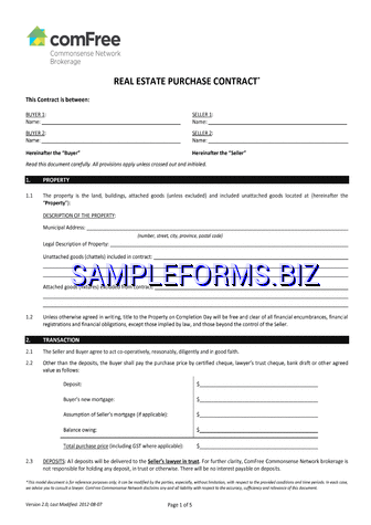 Ontario Real Estate Purchase Contract Form pdf free